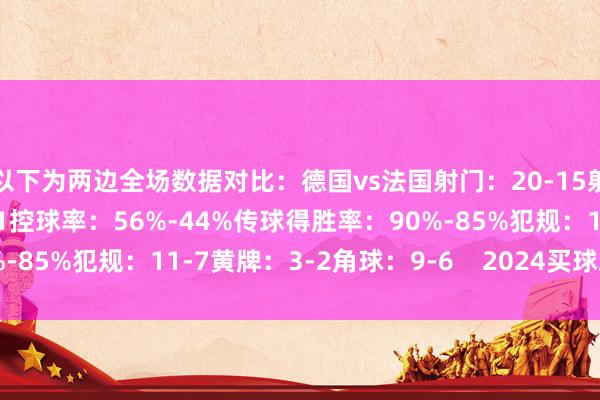 以下为两边全场数据对比：德国vs法国射门：20-15射正：6-8得分契机：4-1控球率：56%-44%传球得胜率：90%-85%犯规：11-7黄牌：3-2角球：9-6    2024买球站体育信息
